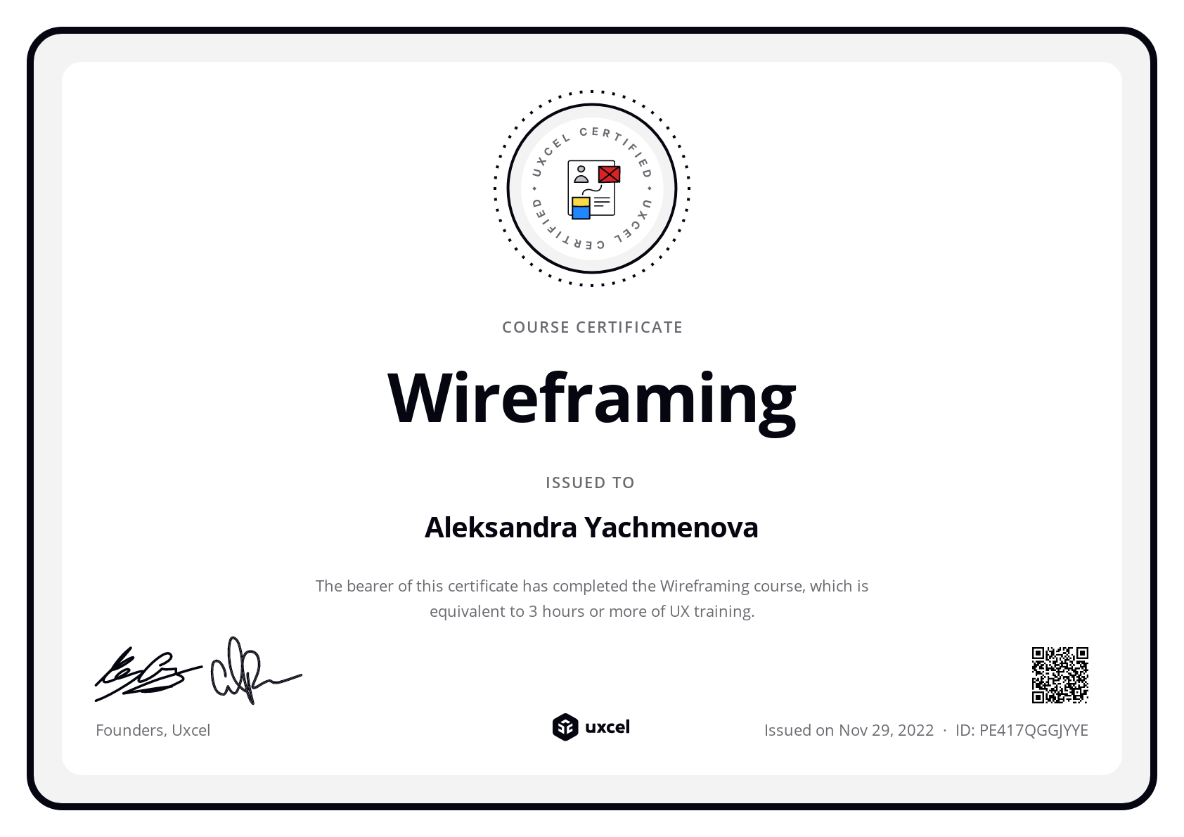 Aleksandra Yachmenova's certificate